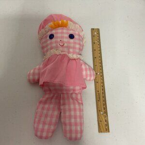 Vintage 1975 Fisher Price Lolly Rattle Cloth Doll Pink Gingham 12" Plush #420